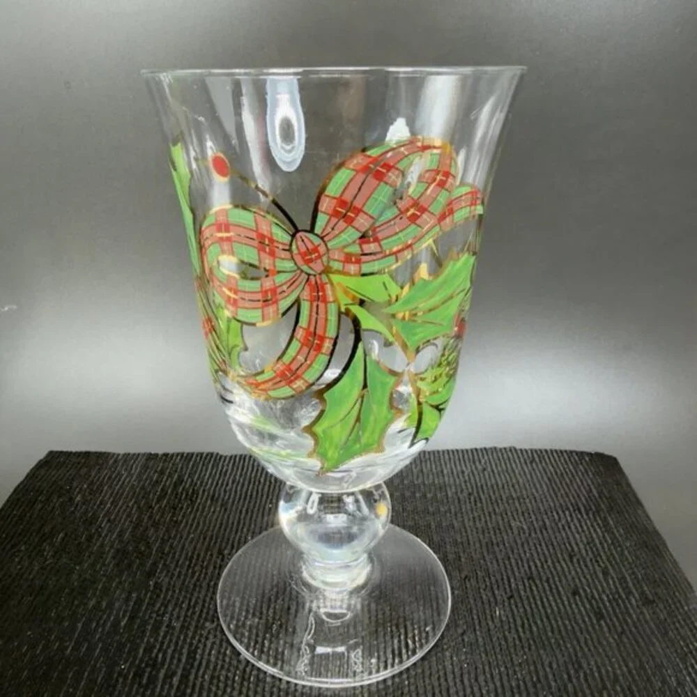 Lenox Holiday Plaid Ribbon Iced Tea Glass Footed Goblet‎ Cup Hand Painted Single